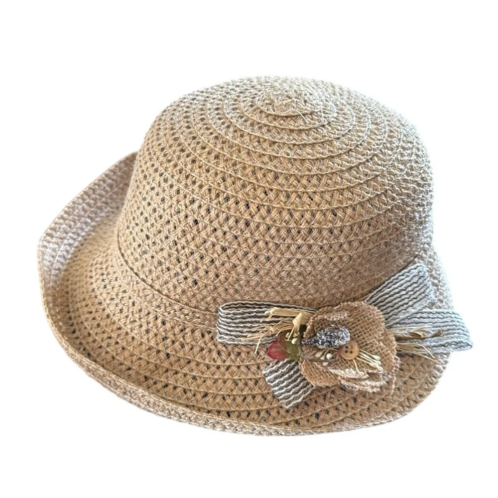 Summer Hat With Burlap/Ribbon Flower At The Side